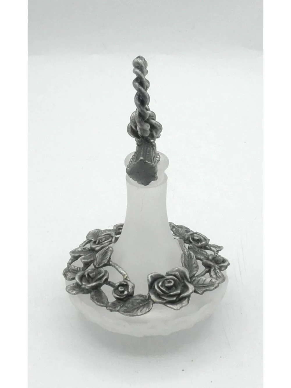 Vintage Clear Frosted Glass Vanity Bottle With Pewter Embellishments & Stopper